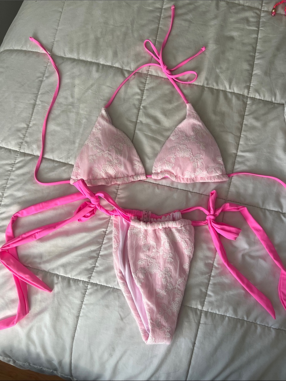 Pink Lace Triangle Bikini Set with Neon Ties